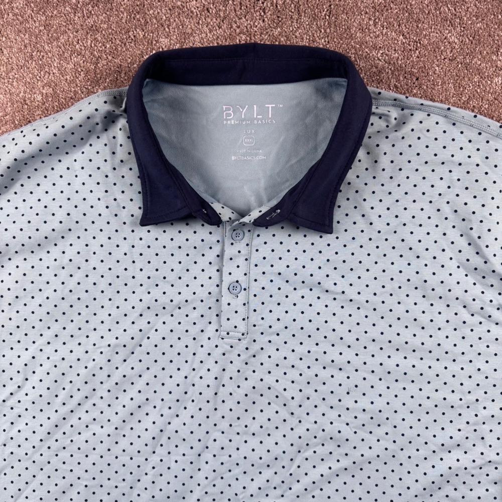 BYLT‎ Premium Basics Lux Polo Shirt Mens XXXL Light Blue Navy Polka Dot Stretch
